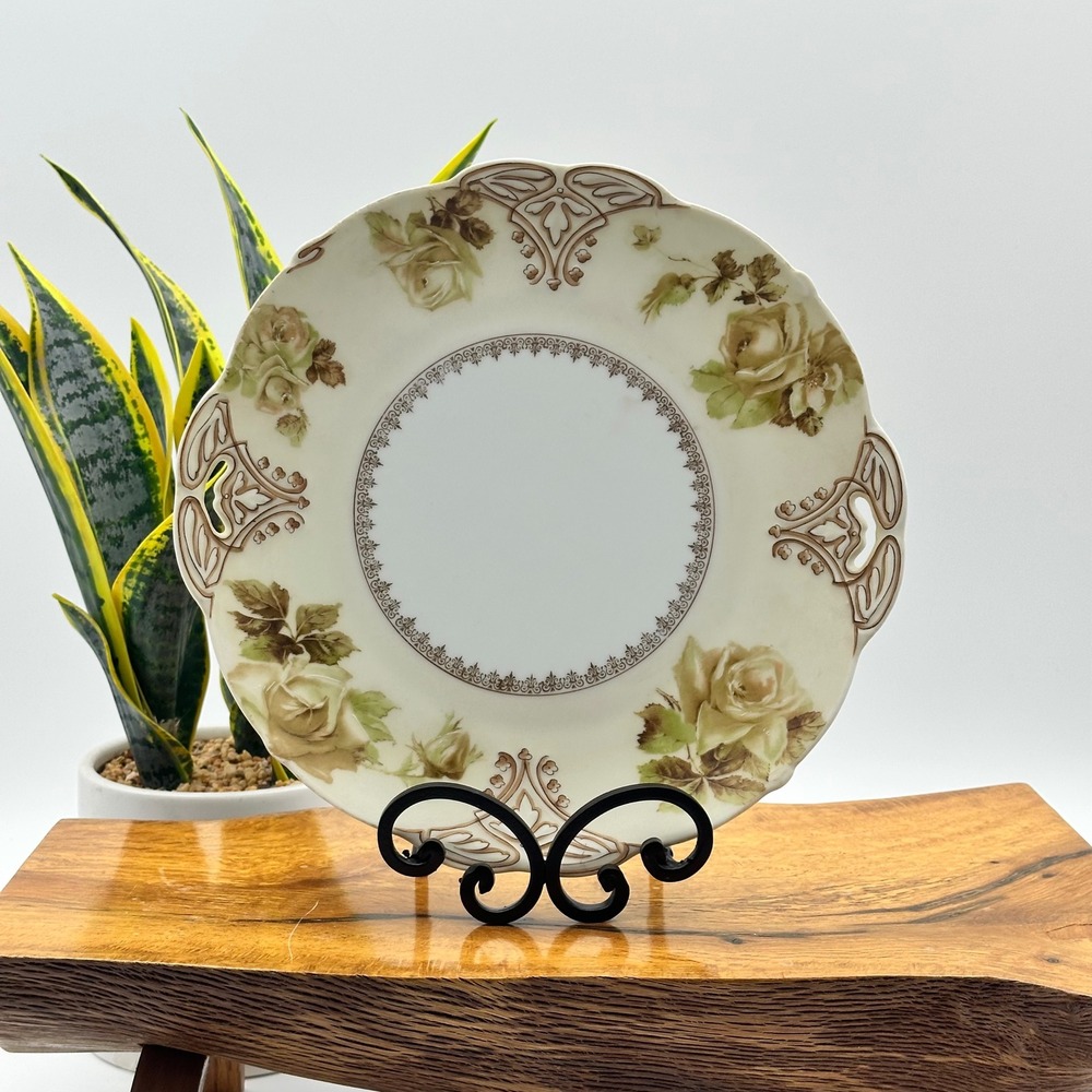 Antique Ohme Silesia Old Ivory Porcelain Cake Plate Open Handle Floral Rose 10in